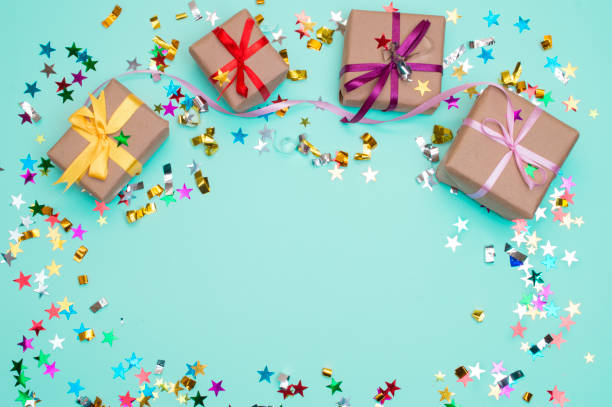 istock Happy birthday and gift box on color background 957532120