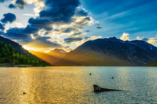 panoramic view of the Achensee lake between the Alp mountains