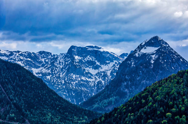 panoramic view of the rocky mountain peaks with some snow