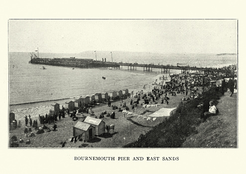 Vintage Victorian photograph of Bournemouth Pier and East Sands, 1899.