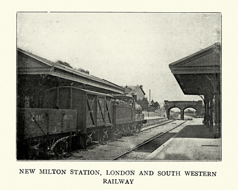 Vintage engraving of New Milton Railway Station, London and Soutrh Western Railway, 1899
