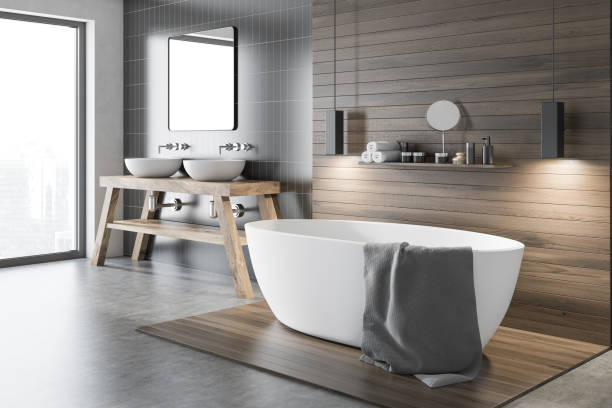 angolo bagno in nero e legno - bagno domestico foto e immagini stock