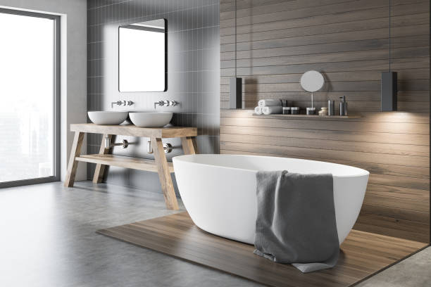 Black and wooden bathroom corner Black and wooden wall bathroom corner with a tub and a make up shelf. A double sink near a gray wall. Concept of a modern house design. 3d rendering domestic bathroom stock pictures, royalty-free photos & images