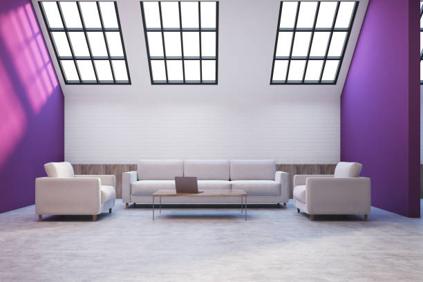 istock Purple and white attic lving room 957550006
