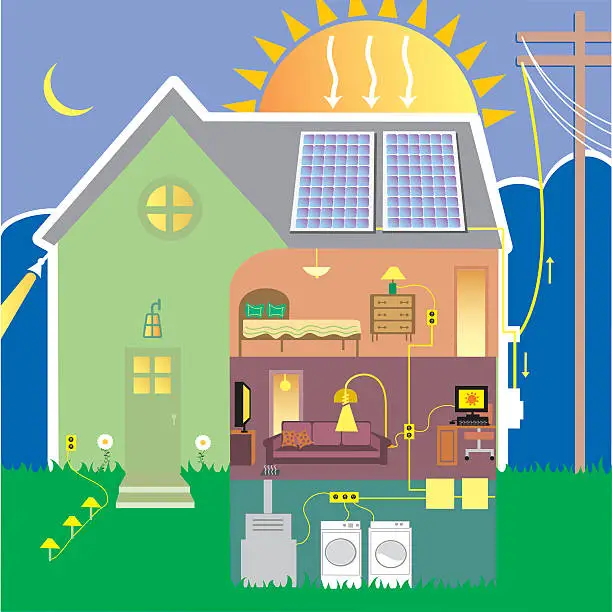 Vector illustration of Solar panels produce electric energy