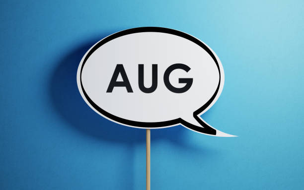 speech bubble shaped august calendar with wooden stick on blue background - white personal organizer calendar speech imagens e fotografias de stock