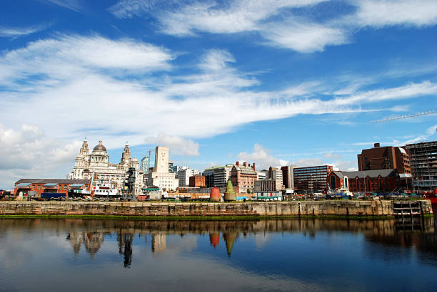 Big sky over wide angle Liver Building in Liverpool