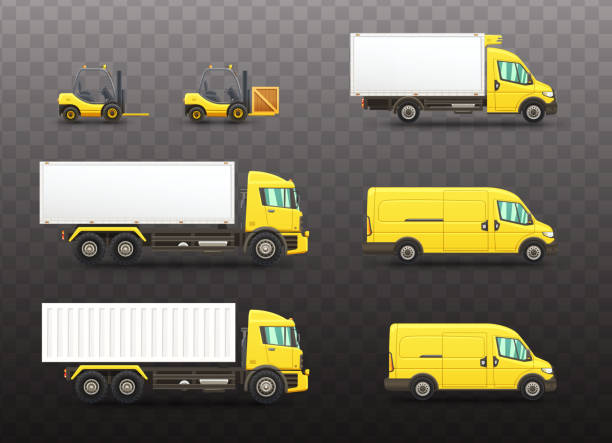 satz von lieferung und transport fahrzeuge - truck semi truck vehicle trailer rear view stock-grafiken, -clipart, -cartoons und -symbole