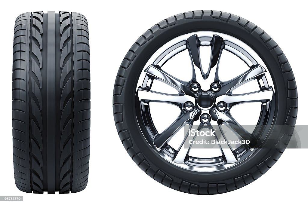 Profile and side profile view of a car wheel on white Car Wheel. Concept design. 3D render. Tire - Vehicle Part Stock Photo
