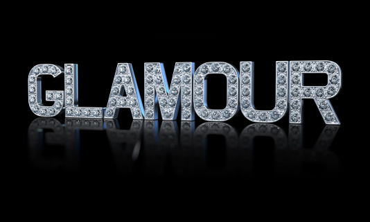 GLAMOUR. Platinum Word with diamonds. Every platinum letter with diamonds, looks like jewelry. Isolated on black. Concept design. 3D render.