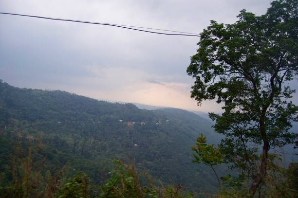 istock Magnificent valley view in Kerala (rural India): Landscape with idyllic unspoilt nature, trees forming a lush green jungle and a foggy sky creating a tranquil scenery 957583708