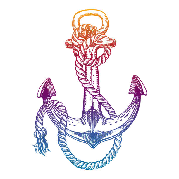 ilustrações de stock, clip art, desenhos animados e ícones de vector anchor. sea, ocean, sailor sign. hand drawn vintage illustration for t-shirt, symbol, badge, emblem. - nautical vessel pattern rope tattoo