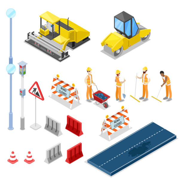 ilustraciones, imágenes clip art, dibujos animados e iconos de stock de reparación de camino y construcción, vector 3d isométricos iconos aislados - construcción de carretera