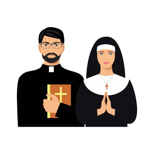 ilustraciones, imágenes clip art, dibujos animados e iconos de stock de sacerdote con una biblia y una monja. - nun praying clergy women