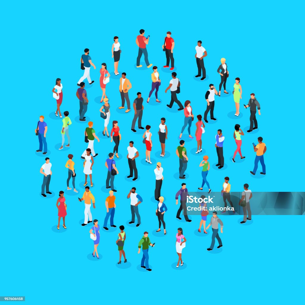 Set of isometric people with different skin color. Set of isometric people with different skin color. Crowd of people. 3d men and women view front and back. Modern young people. Vector illustration. People stock vector