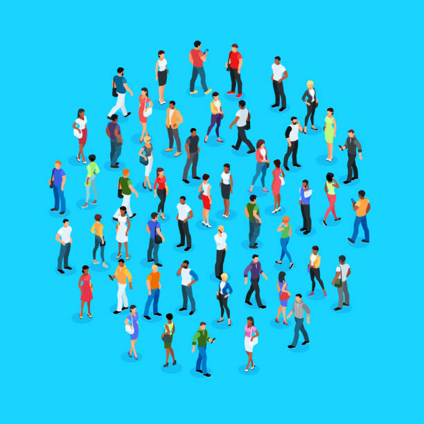 Set of isometric people with different skin color. Set of isometric people with different skin color. Crowd of people. 3d men and women view front and back. Modern young people. Vector illustration. man and woman differences stock illustrations