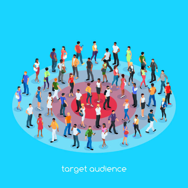 Isometric social concept. Target audience. Isometric social concept. Target audience. 3d crowd of people with different skin color, men and women stand on the target. Vector illustration. target market stock illustrations