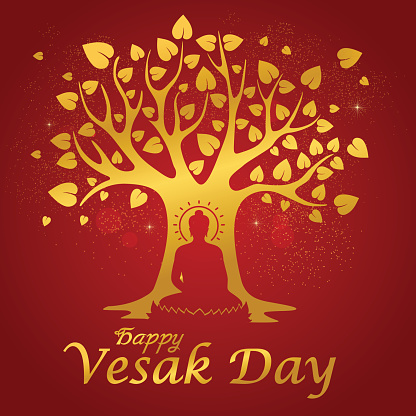 Vesak Day, Buddha meditation under Bodhi Tree and lotus art vector design.