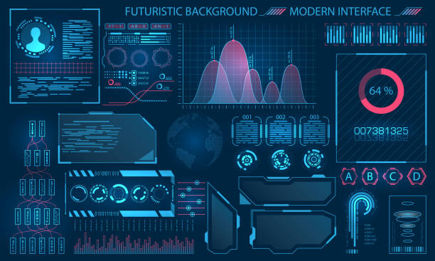 ilustraciones, imágenes clip art, dibujos animados e iconos de stock de diseño de interfaz futurista de hud, elementos de infografía - visual screen illustrations