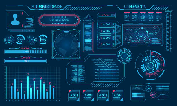 ilustraciones, imágenes clip art, dibujos animados e iconos de stock de interfaz de usuario gráfico virtual futurista, elementos de hud - visual screen illustrations