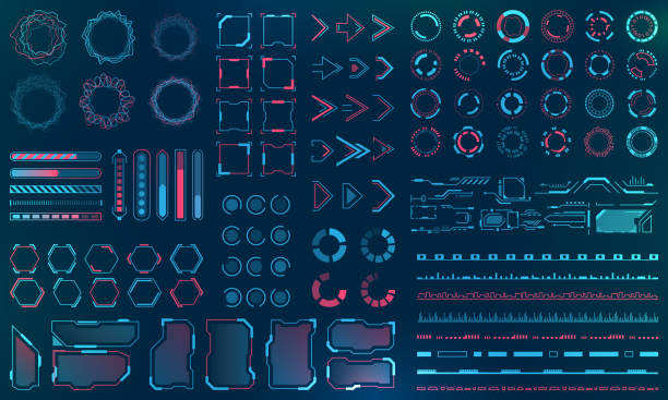 ilustrações, clipart, desenhos animados e ícones de set interface hud elementos - linhas, círculos, ponteiros, quadros, bar download para aplicativos da web - touch screen