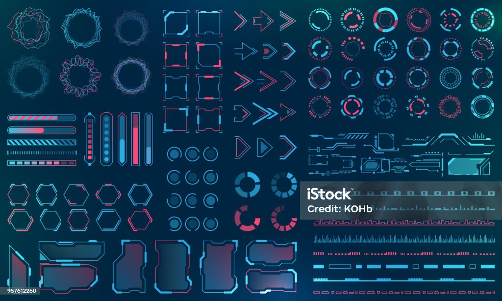 Set HUD Interface Elements - Lines, Circles, Pointers, Frames, Bar Download for Web Applications Set HUD Interface Elements - Lines, Circles, Pointers, Frames, Bar Download for Web Applications, Futuristic UI - Illustration Vector Technology stock vector