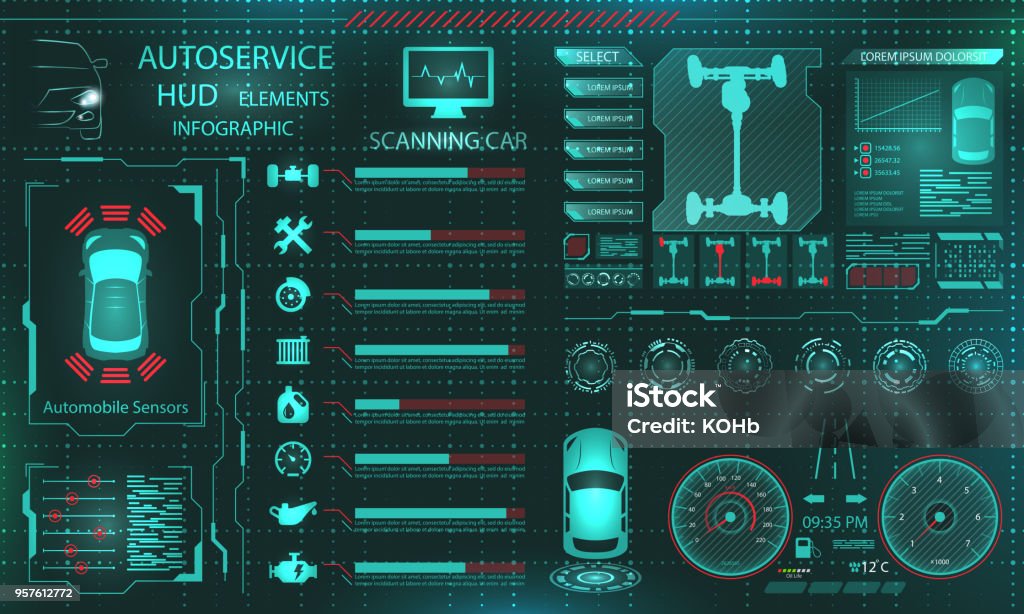 Numérisation des voiture, analyse et diagnostic véhicule, éléments d’interface HUD, sélection de pièces de voiture - clipart vectoriel de Voiture libre de droits