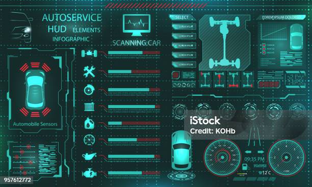Numérisation Des Voiture Analyse Et Diagnostic Véhicule Éléments Dinterface Hud Sélection De Pièces De Voiture Vecteurs libres de droits et plus d'images vectorielles de Voiture