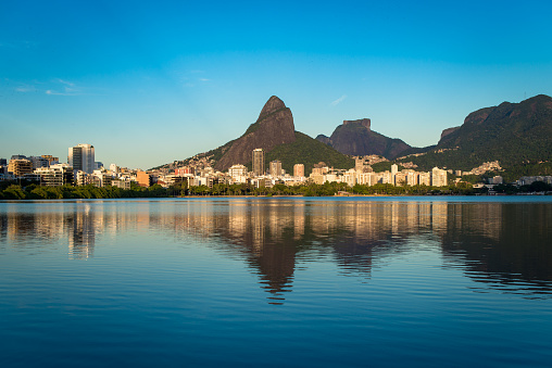 Beautiful View of Rio de Janeiro Mountains Reflected in Water of Rodrigo de Freitas Lagoon.