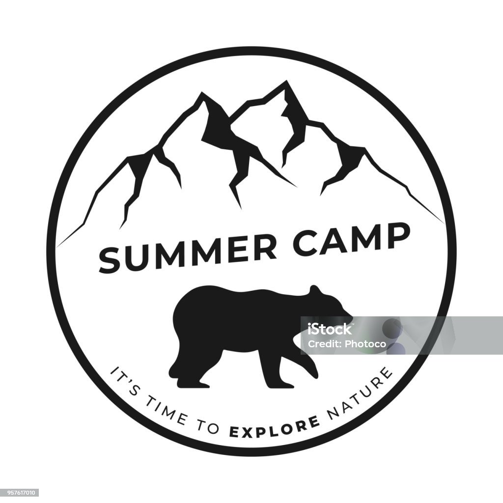 Summer Camp Badge with Mountains and Bear Hand Drawn Summer Camp Badge with Mountains and Bear on the White Background Grizzly Bear stock vector