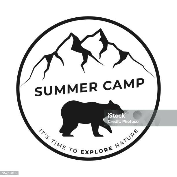 Summer Camp Badge With Mountains And Bear Stock Illustration - Download Image Now - Grizzly Bear, Adventure, Animal Wildlife