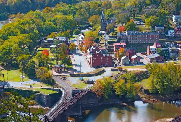 Photo of An aerial view on the historic Harpers Ferry town from the high point overlook, West Virginia, USA.