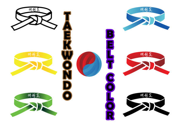 Taekwondo Belt Color. Translation : in every belt written taekwondo or kicks martial arts Taekwondo Belt Color. Translation : in every belt written taekwondo or kicks martial arts is an cocnept of every belt color of every level of taekwondo martial arts and origin symbol of this martial arts from korea yellow belt stock illustrations