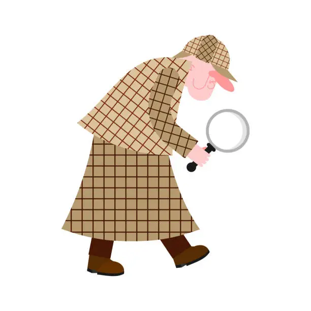 Vector illustration of Private detective in raincoat and with magnifying glass. Vector illustration