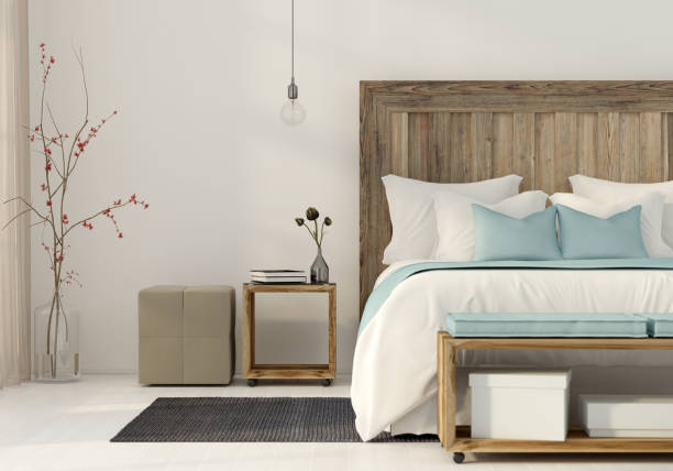 schlafzimmer in einem minimalistischen stil - bett fotos stock-fotos und bilder