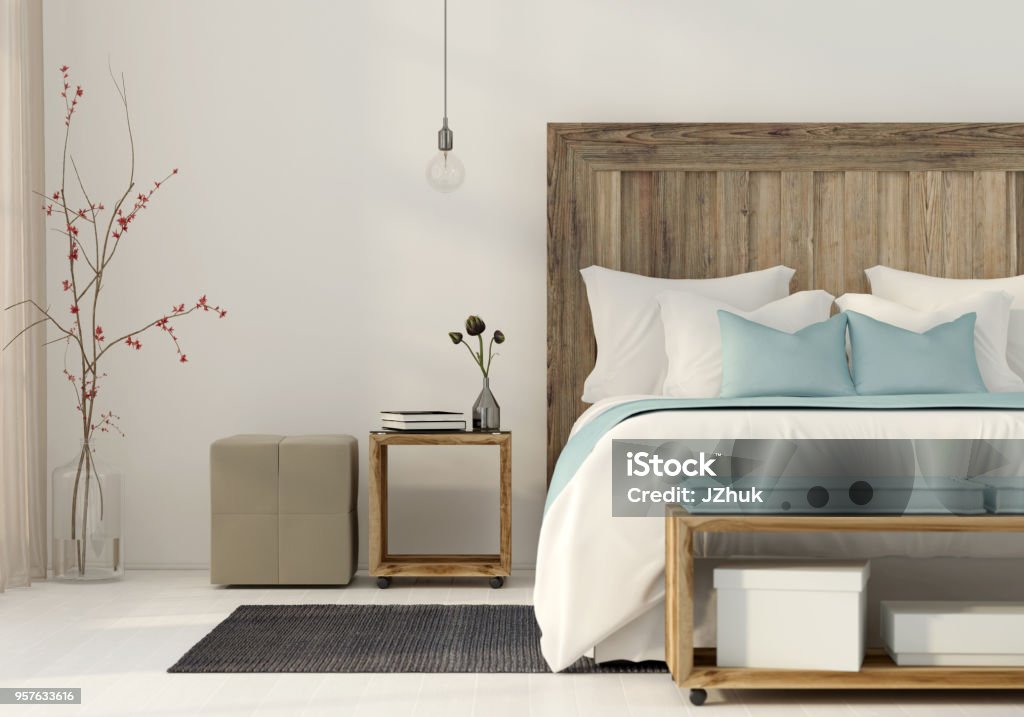 Bedroom in a minimalist style 3D illustration. Interior of the bedroom in a minimalist style with wooden furniture Bedroom Stock Photo