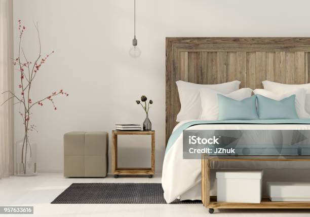 Bedroom In A Minimalist Style Stock Photo - Download Image Now - Bedroom, Bed - Furniture, Furniture