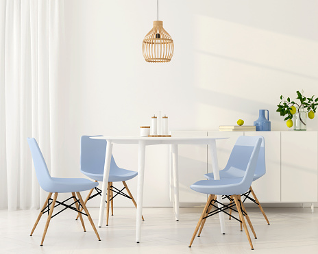 3D illustration. Interior of a modern dining room with blue chairs and a bentwood chandelier