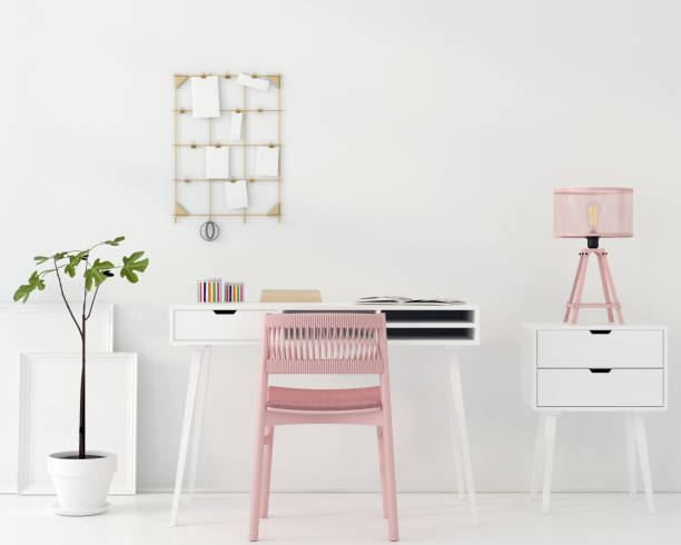 рабочее место с розовым стулом - furniture contemporary domestic room sparse стоковые фото и изображения