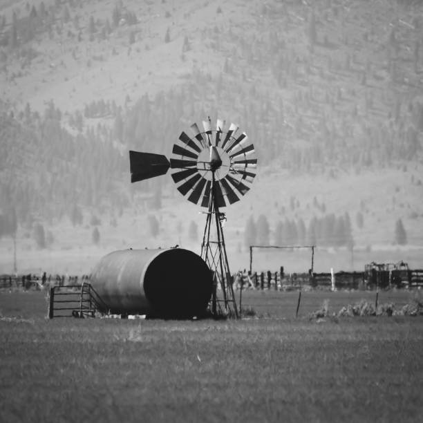 horizontal landscape of an old windmill in the countryside, black and white