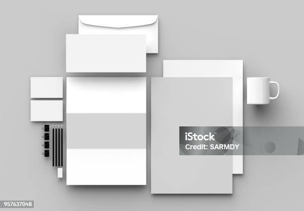 Corporate Identity Stationery Mock Up Isolated On Gray Background 3d Illustrating Stock Photo - Download Image Now