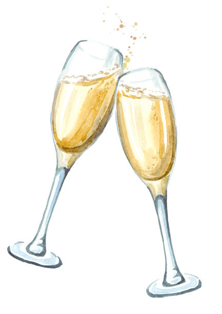 illustrazioni stock, clip art, cartoni animati e icone di tendenza di due bicchieri di champagne in tostatura. illustrazione disegnata a mano ad acquerello isolata su sfondo bianco - wine glass champagne cocktail