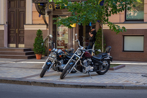 Kiev, Ukraine - June 10, 2016: Luxury classic motorcycles parked on the street in the city center