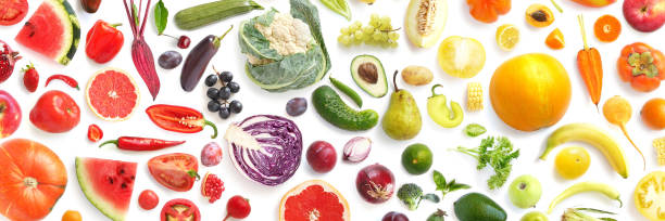 istock pattern of various fresh vegetables and fruits isolated on white background, top view, flat lay. 957645902