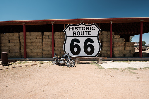 Old motorcycle near historic route 66 in California, USA