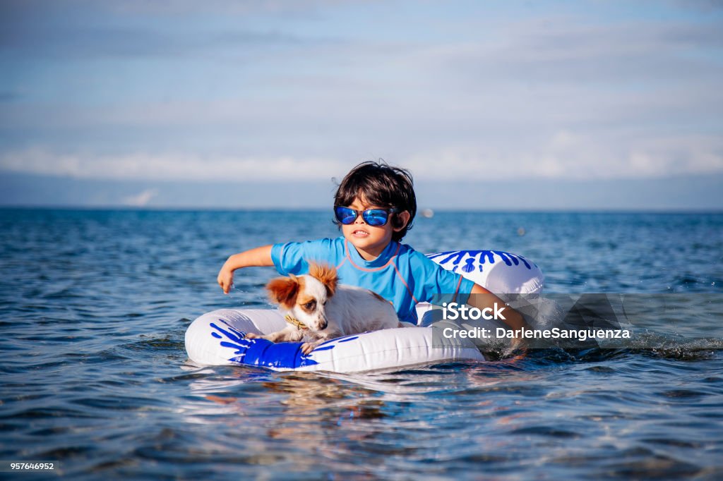 Little Boy Riding a Boat Floater with his Dog Little Boy at the beach Riding a Boat Floater together with his pet dog. Dog Stock Photo