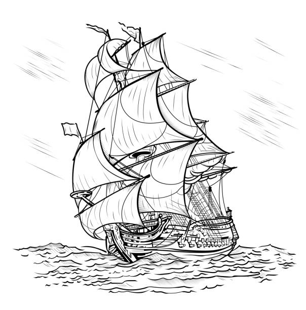 Wind-driven ship on a white background The wind-driven ship swims on a sea on a white background, art line sailing ship stock illustrations