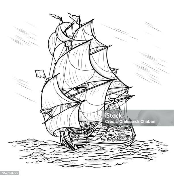 Winddriven Ship On A White Background Stock Illustration - Download Image Now - Ship, Sailboat, Old