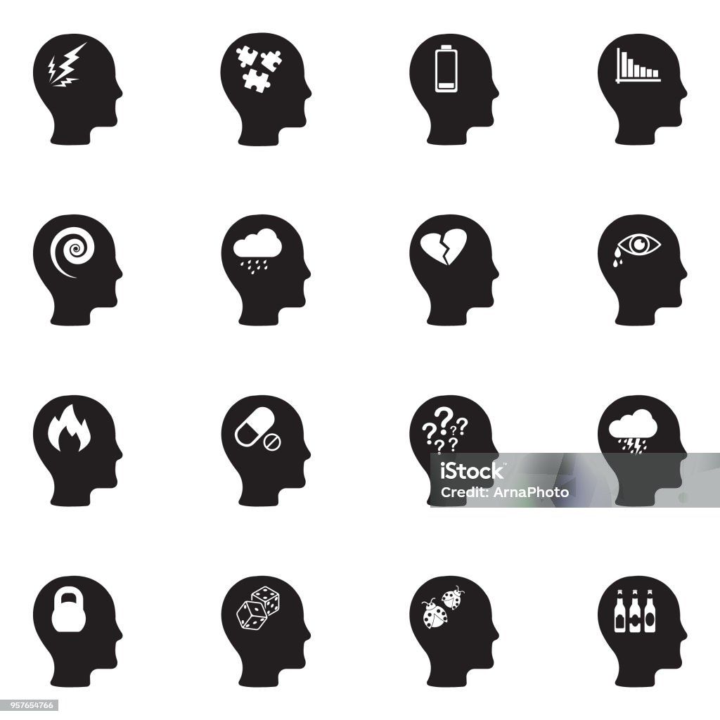 Stress And Depression Icons. Black Flat Design. Vector Illustration. Depression, Emotions, Human Head, Feelings, Stress Icon Symbol stock vector