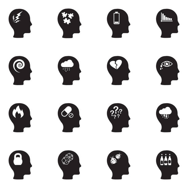Stress And Depression Icons. Black Flat Design. Vector Illustration. Depression, Emotions, Human Head, Feelings, Stress hysteria stock illustrations